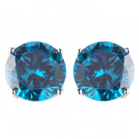 9mm Sterling Silver Round Turquoise CZ Crystal Stud Bridal Wedding Earrings