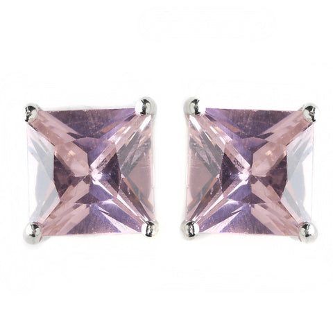 7mm Sterling Silver Princess Pink CZ Crystal Stud Bridal Wedding Earrings
