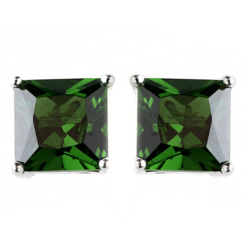 8mm Sterling Silver Princess Emerald CZ Crystal Stud Bridal Wedding Earrings