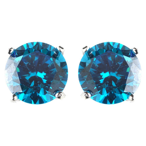 7mm Sterling Silver Round Turquoise CZ Crystal Stud Bridal Wedding Earrings