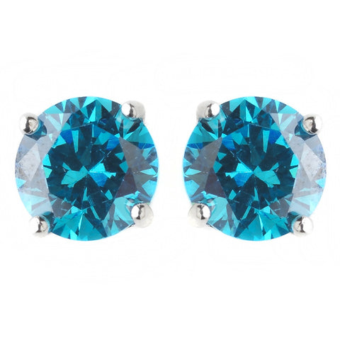 8mm Sterling Silver Round Aqua CZ Crystal Stud Bridal Wedding Earrings