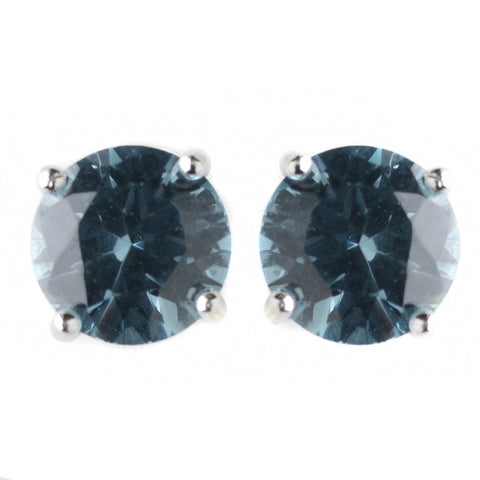 8mm Sterling Silver Round Denim Blue CZ Crystal Stud Bridal Wedding Earrings