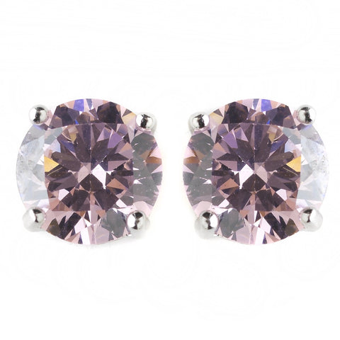 8mm Sterling Silver Round Pink CZ Crystal Stud Bridal Wedding Earrings