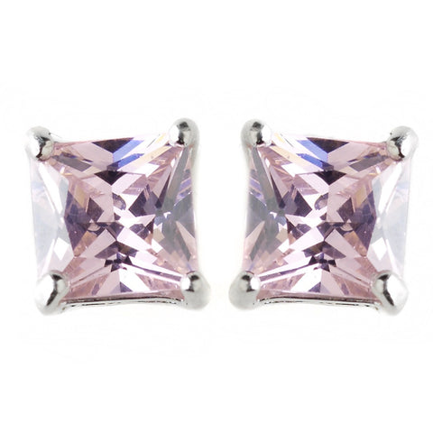 6mm Sterling Silver Princess Pink CZ Crystal Stud Bridal Wedding Earrings