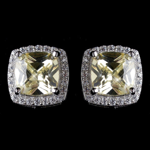 11mm Sterling Silver Princess Light Yellow Topaz CZ Crystal Stud Bridal Wedding Earrings