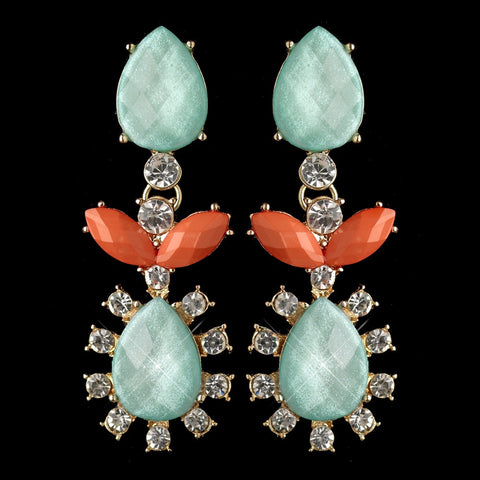 Gold Mint & Coral Rhinestone Dangle Bridal Wedding Earrings 9624