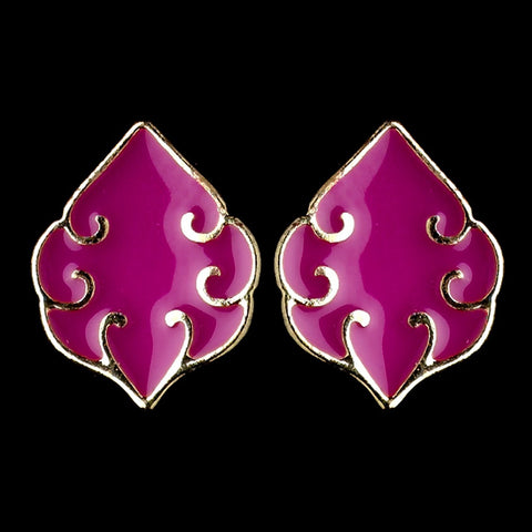 Gold Hot Pink Simple Enameled Bridal Wedding Earrings 9626