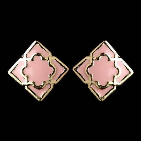 Gold Light Pink Simple Enameled Square Bridal Wedding Earrings 9627