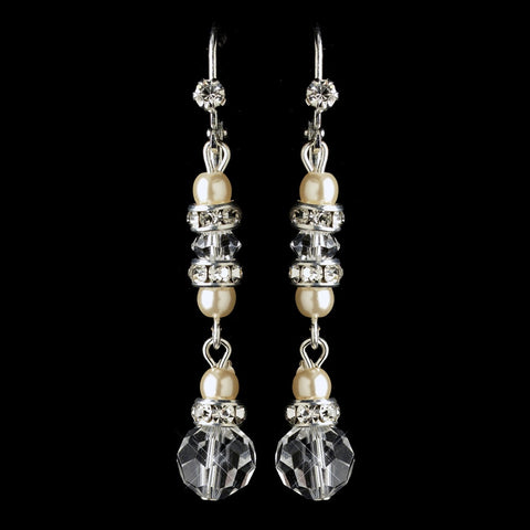 Silver Ivory Pearl, Rondelle & Rhinestone Leverback Dangle Bridal Wedding Earrings 9717