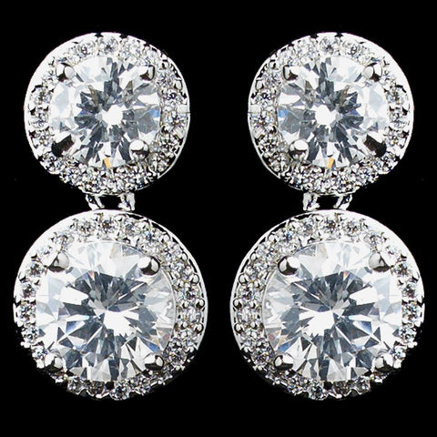 Rhodium Clear Double Pave Round CZ Drop Bridal Wedding Earrings 9730