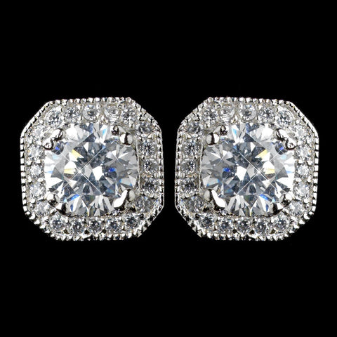 Rhodium Clear Cushion CZ Cut Pave Stud Bridal Wedding Earrings