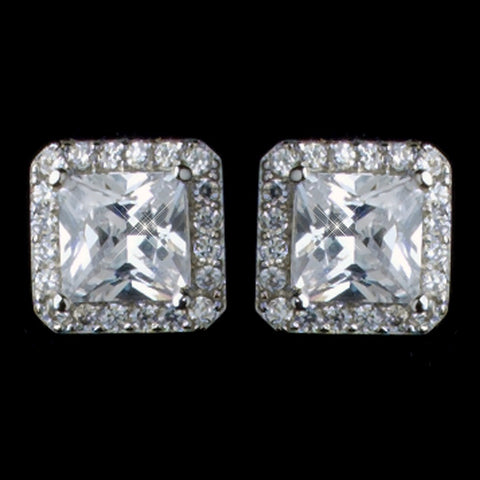 Rhodium Clear Princess Square Pave CZ Stud Bridal Wedding Earrings