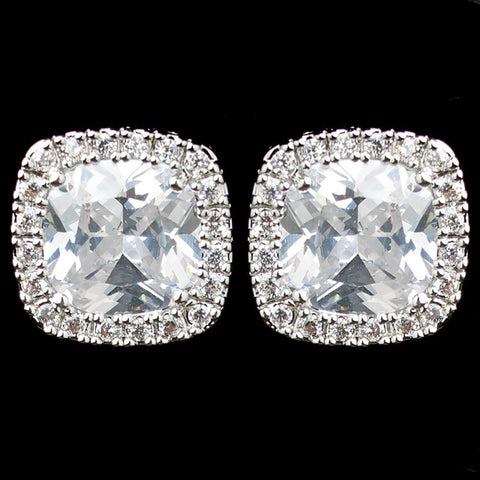 Rhodium Clear Cushion CZ Stud Bridal Wedding Earrings 9794