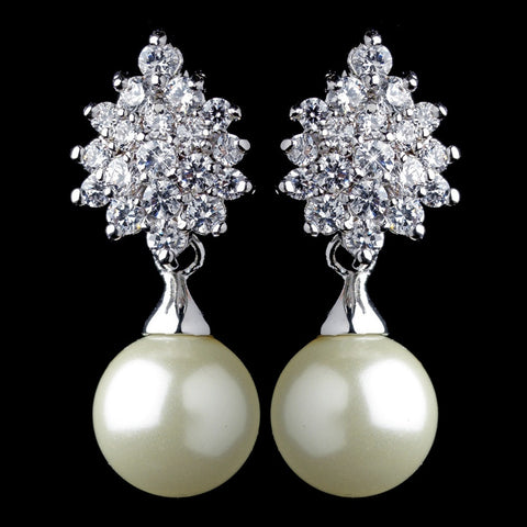 Rhodium Ivory Pearl & CZ Drop Leaf Bridal Wedding Earrings