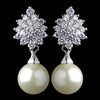 Rhodium Ivory Pearl & CZ Drop Leaf Bridal Wedding Earrings