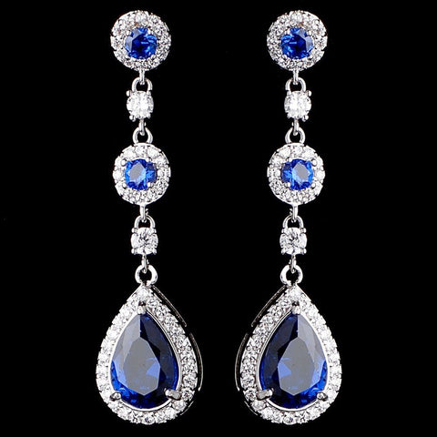 Rhodium Sapphire Teardrop CZ Dangle Bridal Wedding Earrings 9802