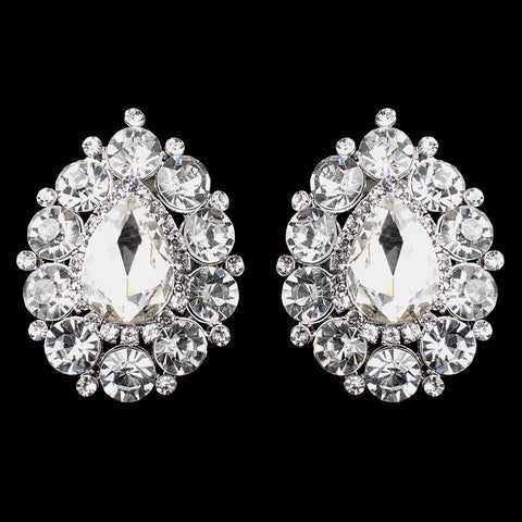 Silver Clear Teardrop Large Stud Bridal Wedding Hair Clip-On Bridal Wedding Earrings 9888