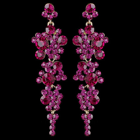 Gold Fuchsia Rhinestone Round Dangle Bridal Wedding Earrings 9889