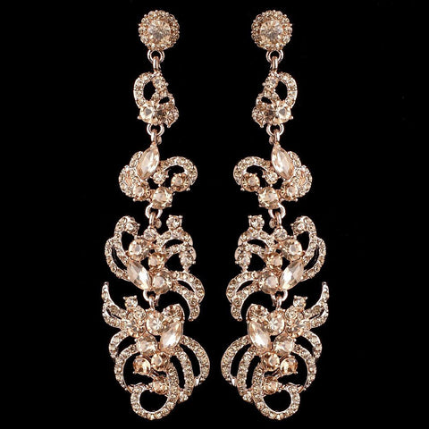 Rose Gold Peach Rhinestone Dangle Bridal Wedding Earrings 9890