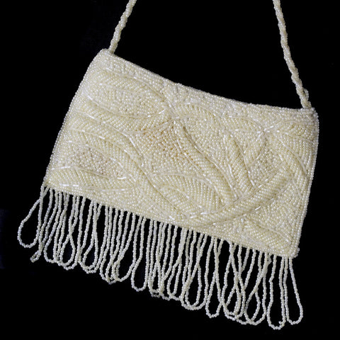 * Wonderful Black Satin Glass Bead Fringe Bridal Wedding Evening Bag 100