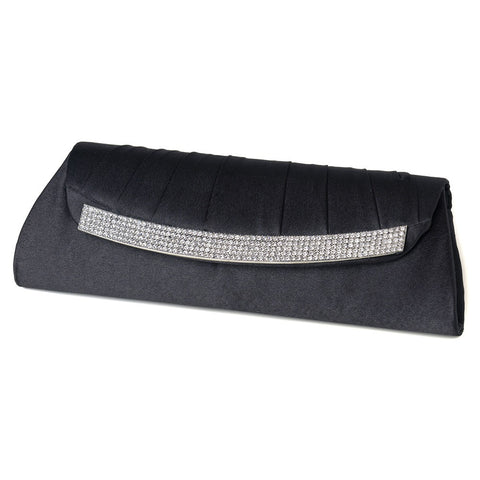 Satin Bridal Wedding Evening Bag 323 with Crystal Trim Accent & Closure, Silver Shoulder Strap