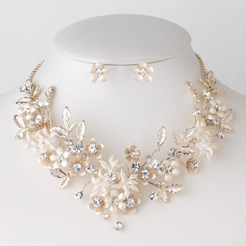 Light Gold Champagne Clear Rhinestone Floral Vine Bridal Wedding Necklace 10003 & Flower Stud Earrings 10003 Jewelry Set