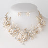 Light Gold Champagne Clear Rhinestone Floral Vine Bridal Wedding Necklace 10003 & Flower Stud Earrings 10003 Jewelry Set