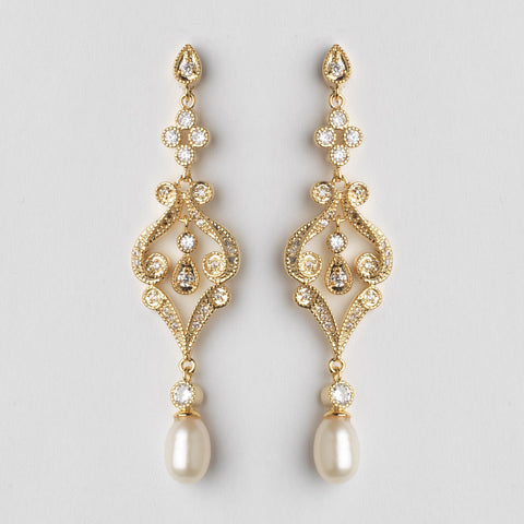 Gold Vintage CZ & Freshwater Pearl Bridal Wedding Earrings 2027