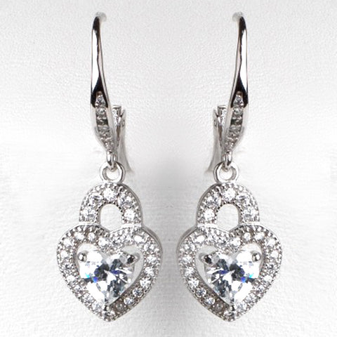 Rhodium Silver CZ Leverback Heart Dangle Bridal Wedding Earrings 3910