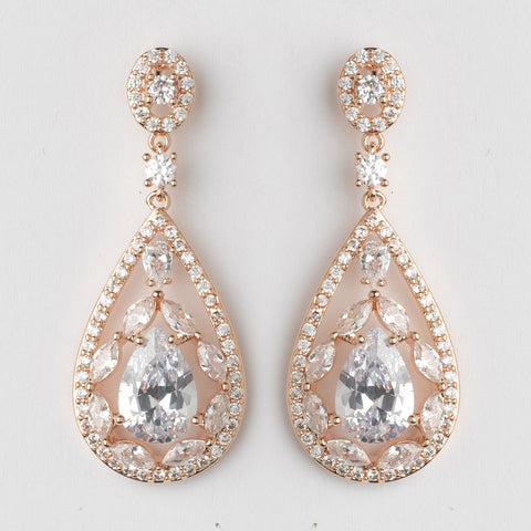 Rose Gold Clear Multi Cut Teardrop CZ Crystal Chandelier Bridal Wedding Earrings 7769