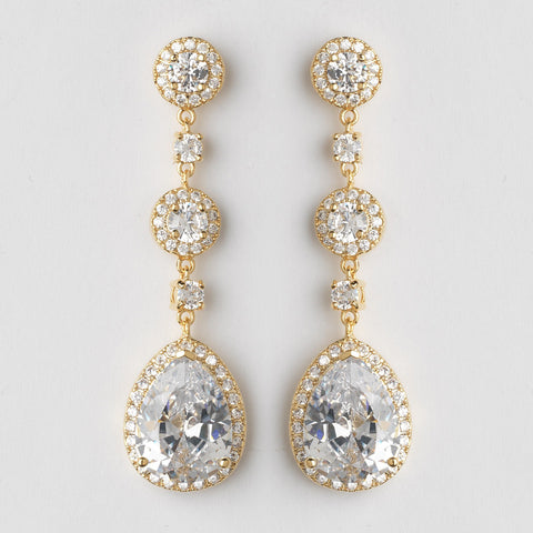Gold Clear CZ Dangle Tear Drop & Round Crystal Dangle Bridal Wedding Earrings 8676