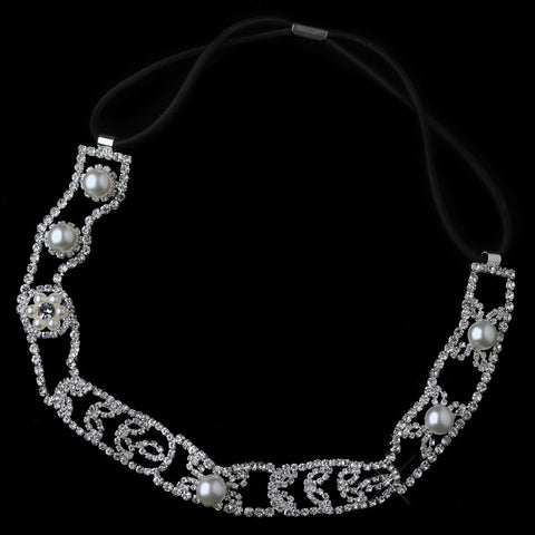 Silver White Pearl & Rhinestone Bridal Wedding Hair Bridal Wedding Elastic Headband 148