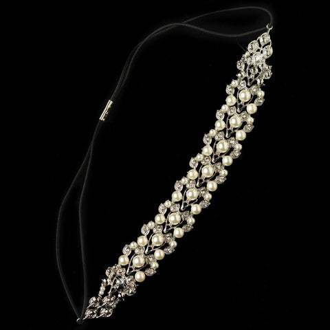 Rhodium Diamond White Pearl & Rhinestone Black Bridal Wedding Elastic Headband 4