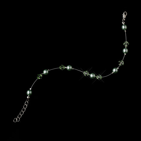 Peridot Czech Glass Pearl & Swarovski Crystal Bead Illusion Silver Bridal Wedding Bracelet 2031