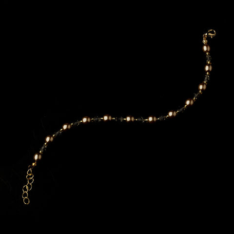 Gold Light Brown Glass Pearls & Clear Swarovski Crystal Bridal Wedding Bracelet 8657