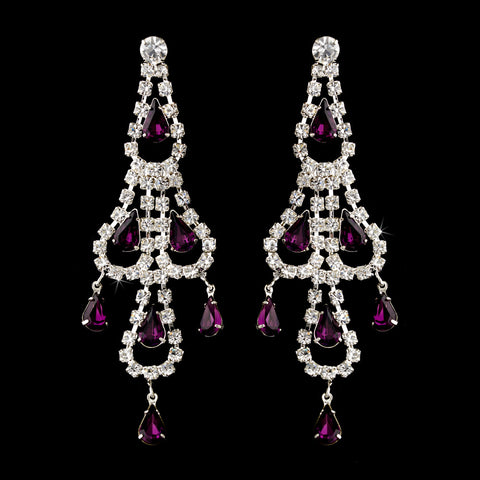 Silver Amethyst & Clear Teardrop Rhinestone Chandelier Bridal Wedding Earrings 0106