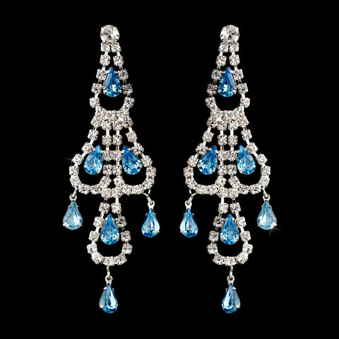 Silver Aqua & Clear Teardrop Rhinestone Chandelier Bridal Wedding Earrings 0106