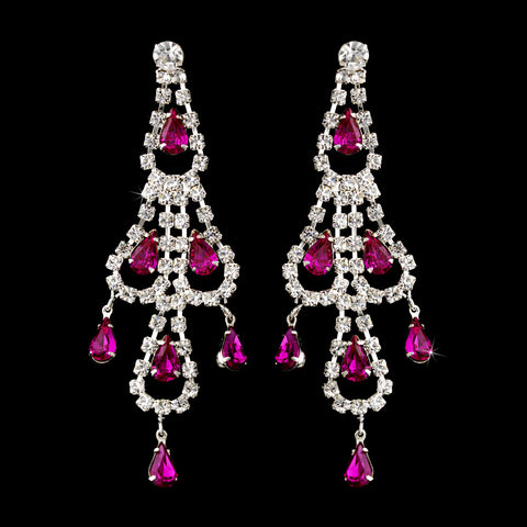 Silver Fuchsia & Clear Teardrop Rhinestone Chandelier Bridal Wedding Earrings 0106