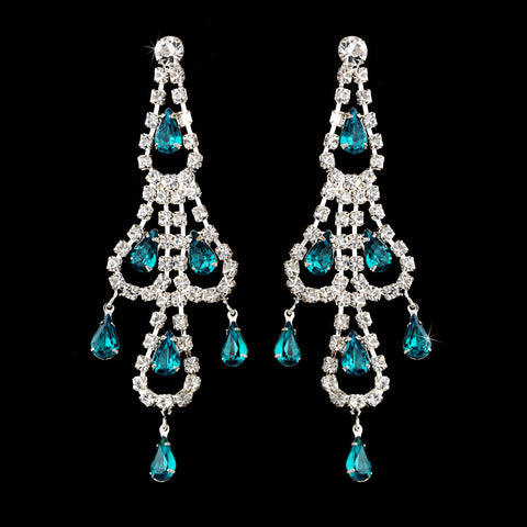 Silver Teal & Clear Teardrop Rhinestone Chandelier Bridal Wedding Earrings 0106