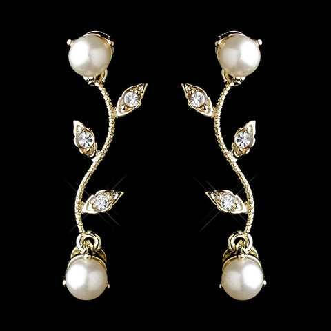 Gold Ivory Pearl & Clear Round CZ Crystal Vine Drop Bridal Wedding Earrings 0112