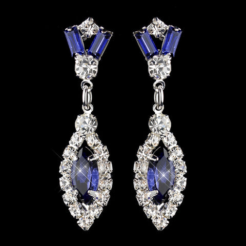 Silver Navy & Clear Marquise Baguette Round Rhinestone Drop Bridal Wedding Earrings 0124