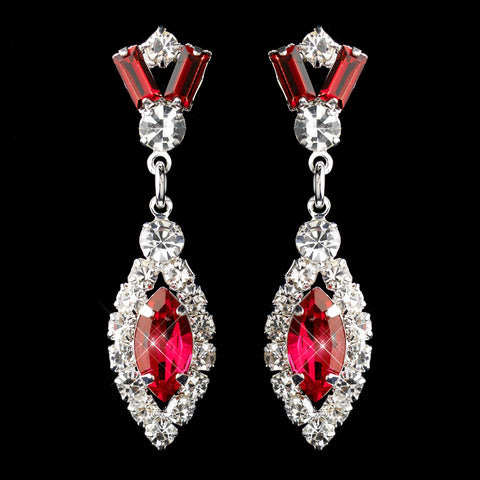 Silver Red & Clear Marquise Baguette Round Rhinestone Drop Bridal Wedding Earrings 0124