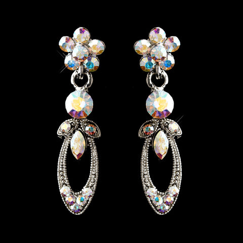 Antique Silver Rhodium AB Marquise & Round Rhinestone Drop Bridal Wedding Earrings 0314