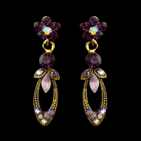 Gold Amethyst Marquise & Round Rhinestone Drop Bridal Wedding Earrings 0314
