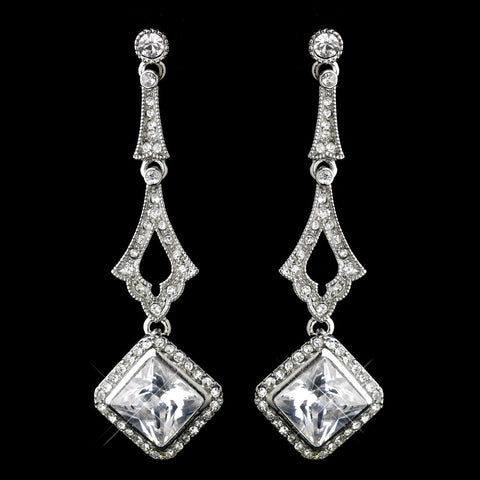 Antique Silver Clear CZ Crystal & Rhinestone Drop Bridal Wedding Earrings 0361