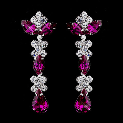 Silver Fuchsia & Clear Round, Marquise, Teardrop Bridal Wedding Earrings 1007