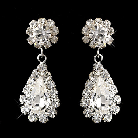 Silver Clear Pierced Round & Teardrop Bridal Wedding Earrings 1032