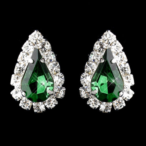 Silver Emerald & Clear Teardrop Stud Bridal Wedding Earrings 1361
