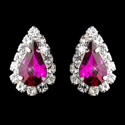 Silver Fuchsia & Clear Teardrop Stud Bridal Wedding Earrings 1361