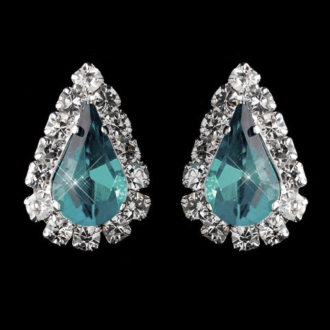 Silver Light Teal & Clear Teardrop Stud Bridal Wedding Earrings 1361
